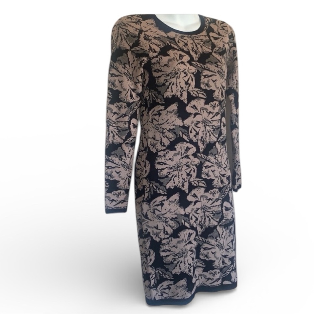 Carmen Marc Valvo sweater dress, women XS black/khaki floral, long sleeve. EUC